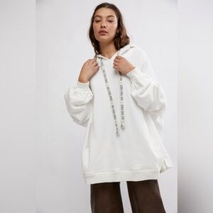 Free People Oversized White Hoodie Sweatshirt with Branded Drawstrings